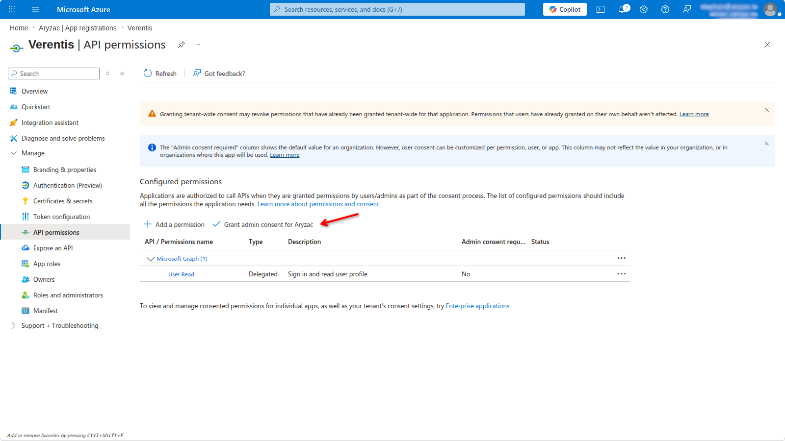 API permissions showing Microsoft Graph User.Read and Grant admin consent