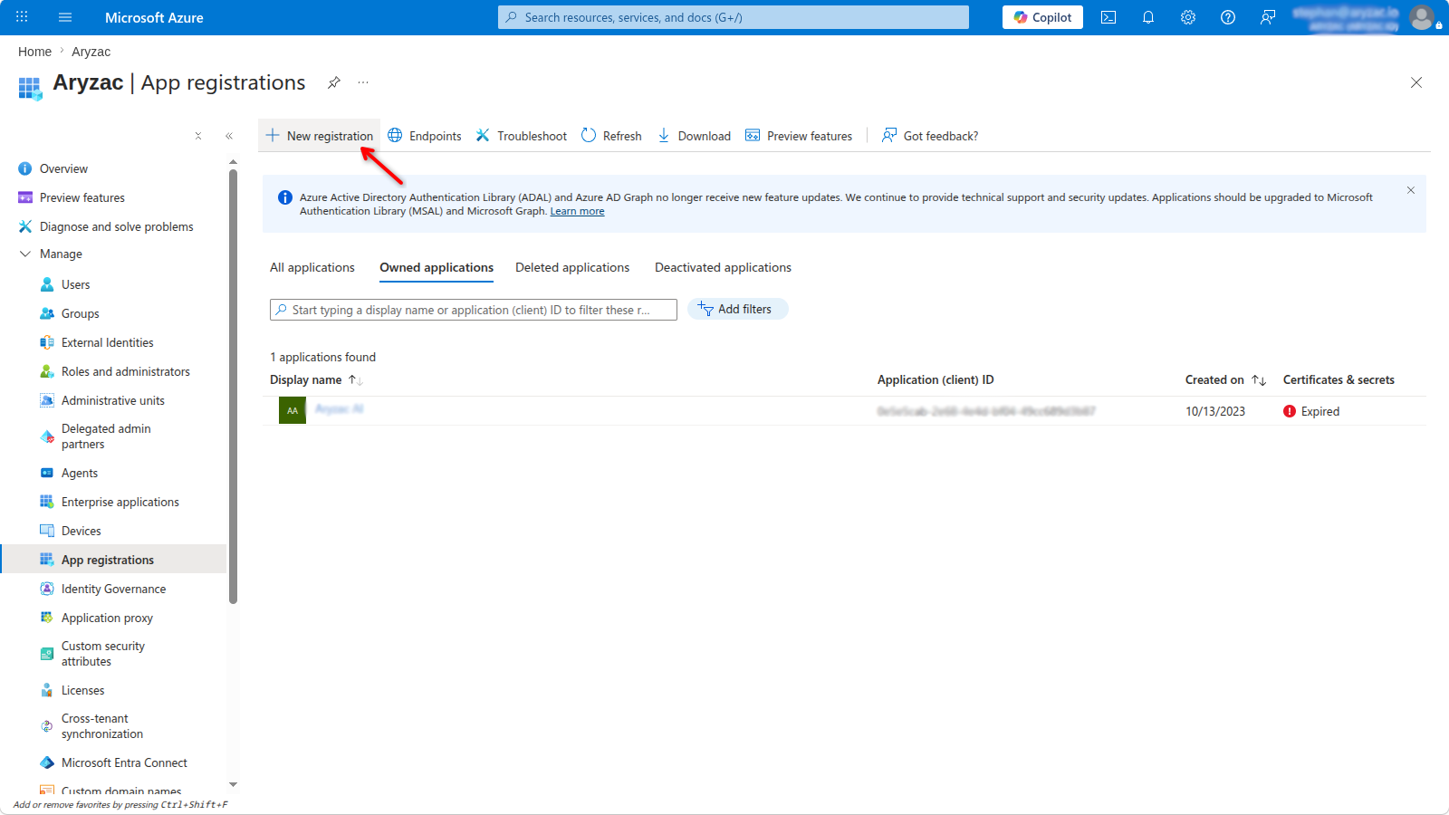 App registrations page with the New registration button