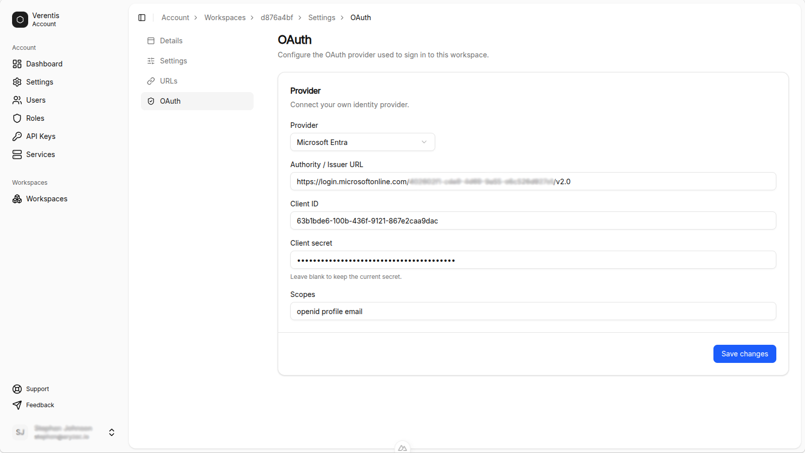 Client ID and Client secret fields filled in