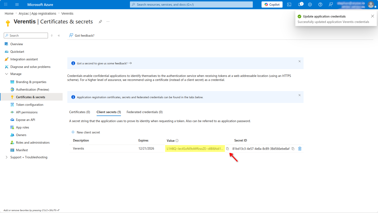 Client secrets tab with a new secret value to copy