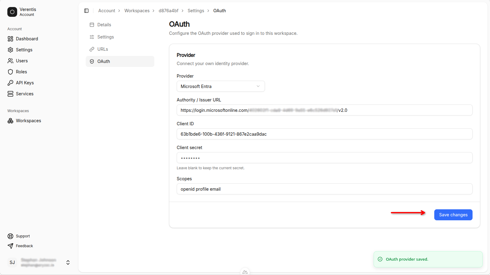 Enabled toggle switched on with the Save button