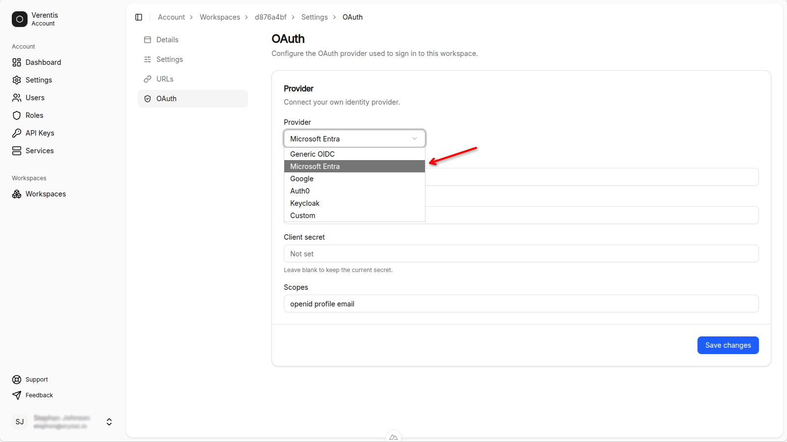 Provider dropdown with Microsoft Entra selected