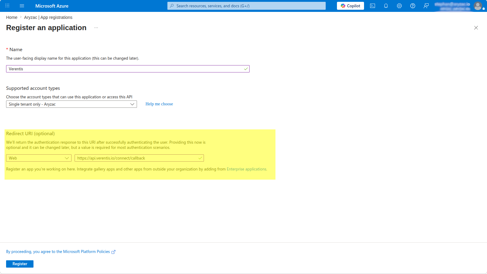 Redirect URI set to Web with the Verentis callback URL