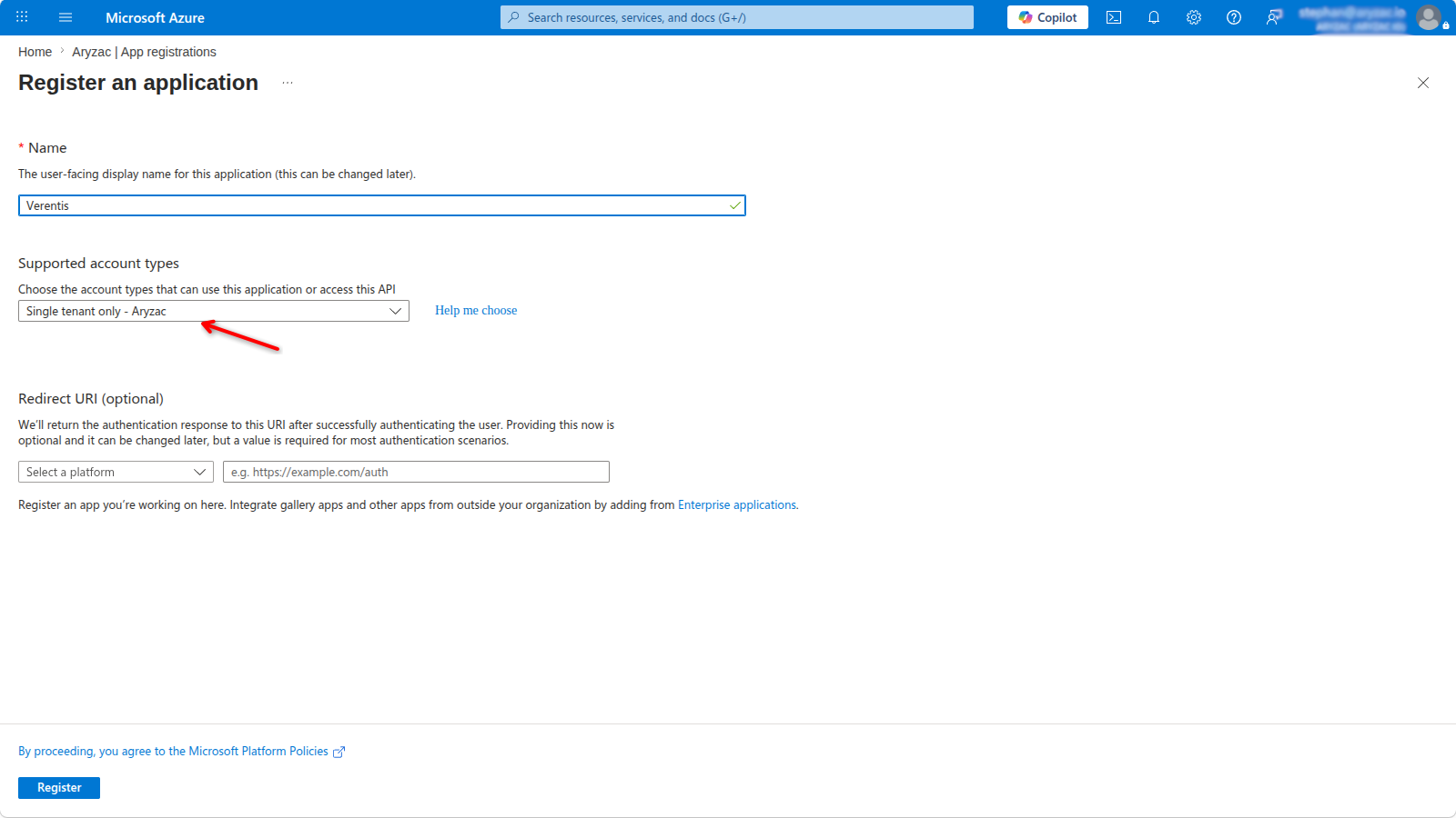 Register an application form with a single-tenant account type selected
