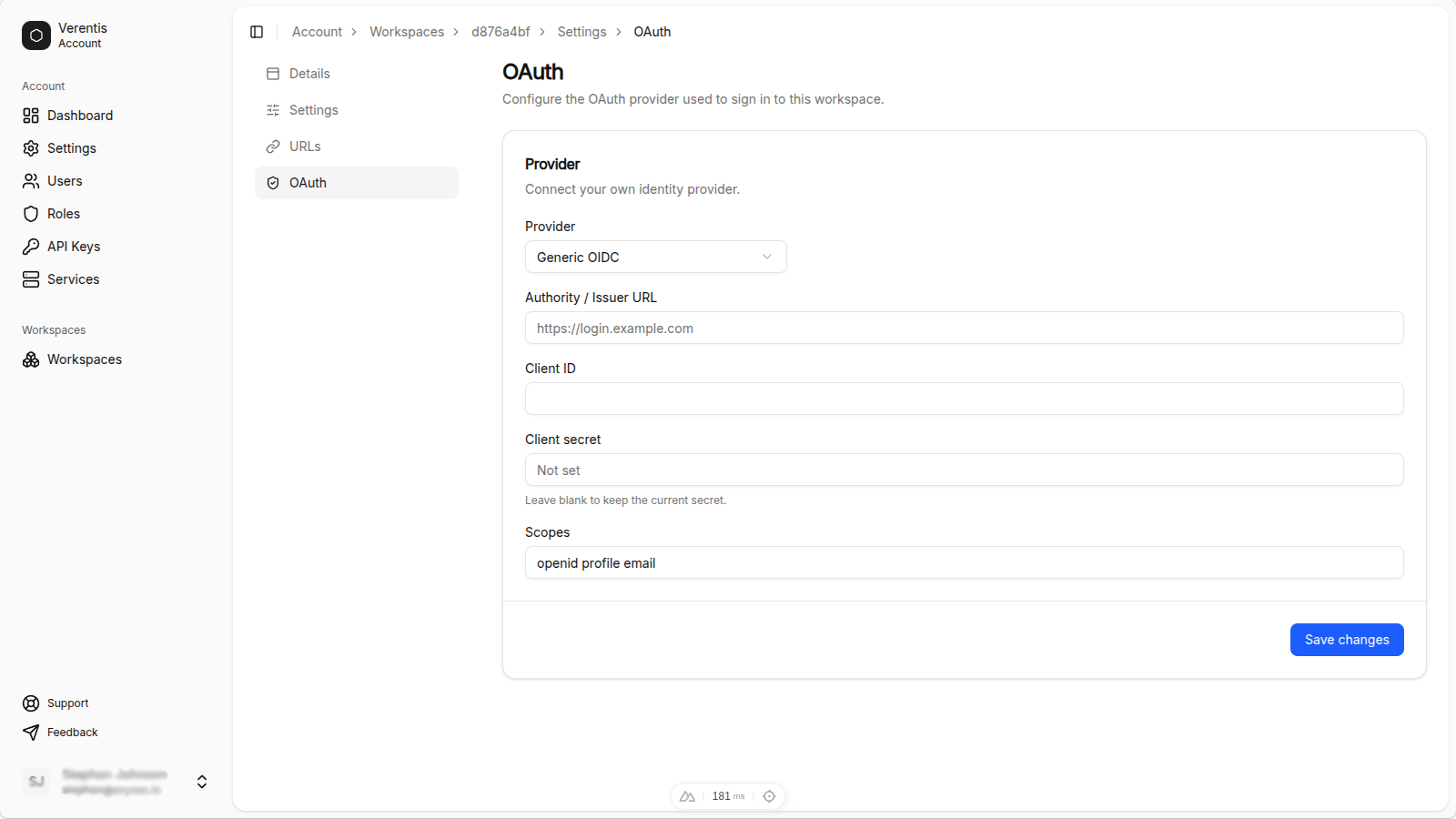 Workspace OAuth settings screen before any provider details are entered
